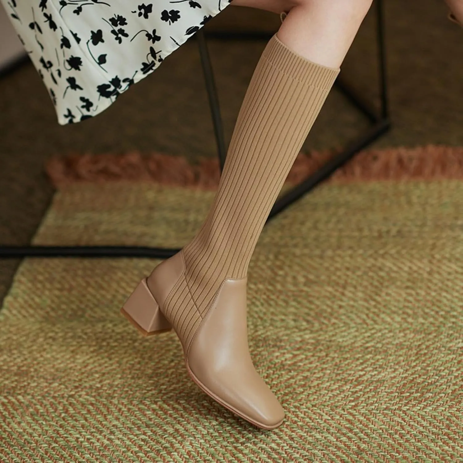 Women Mid Calf Boots Autumn And Winter Fashion Stretch Knitted Leather Stitching Pure Color Comfortable Square Toe Square Heel Rain Booth Woman