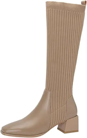 Women Mid Calf Boots Autumn And Winter Fashion Stretch Knitted Leather Stitching Pure Color Comfortable Square Toe Square Heel Rain Booth Woman