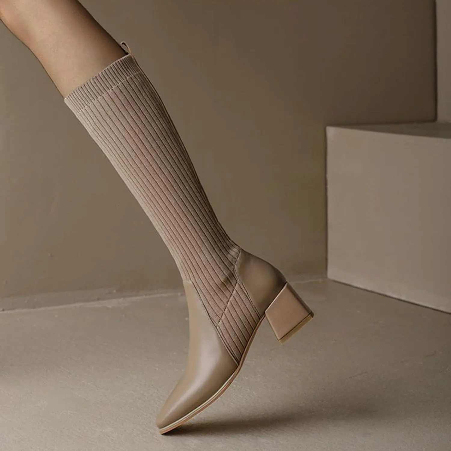 Women Mid Calf Boots Autumn And Winter Fashion Stretch Knitted Leather Stitching Pure Color Comfortable Square Toe Square Heel Rain Booth Woman