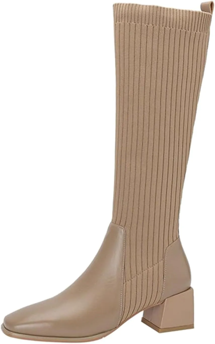 Women Mid Calf Boots Autumn And Winter Fashion Stretch Knitted Leather Stitching Pure Color Comfortable Square Toe Square Heel Rain Booth Woman