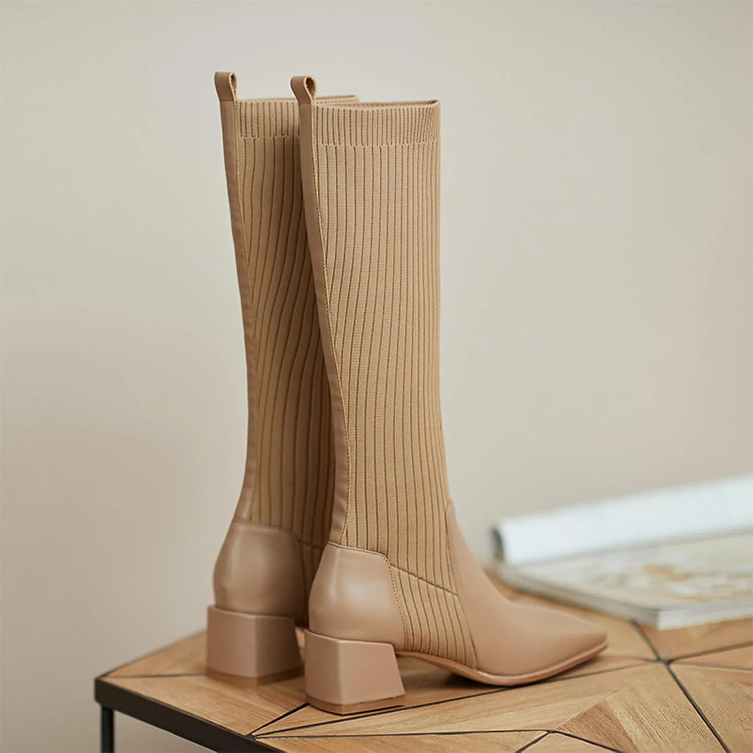 Women Mid Calf Boots Autumn And Winter Fashion Stretch Knitted Leather Stitching Pure Color Comfortable Square Toe Square Heel Rain Booth Woman