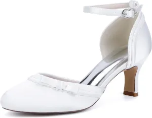 Women Mid Heels Wedding Bridal Shoes Round Toe Satin Ankle Strap Sandals Prom Evening Party Dress Pumps