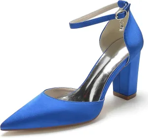 Women Pointed Block Chunky Heel Bride Bridesmaid Pumps for Ankle Strap Heeled Sandals Wedding Dress Shoes