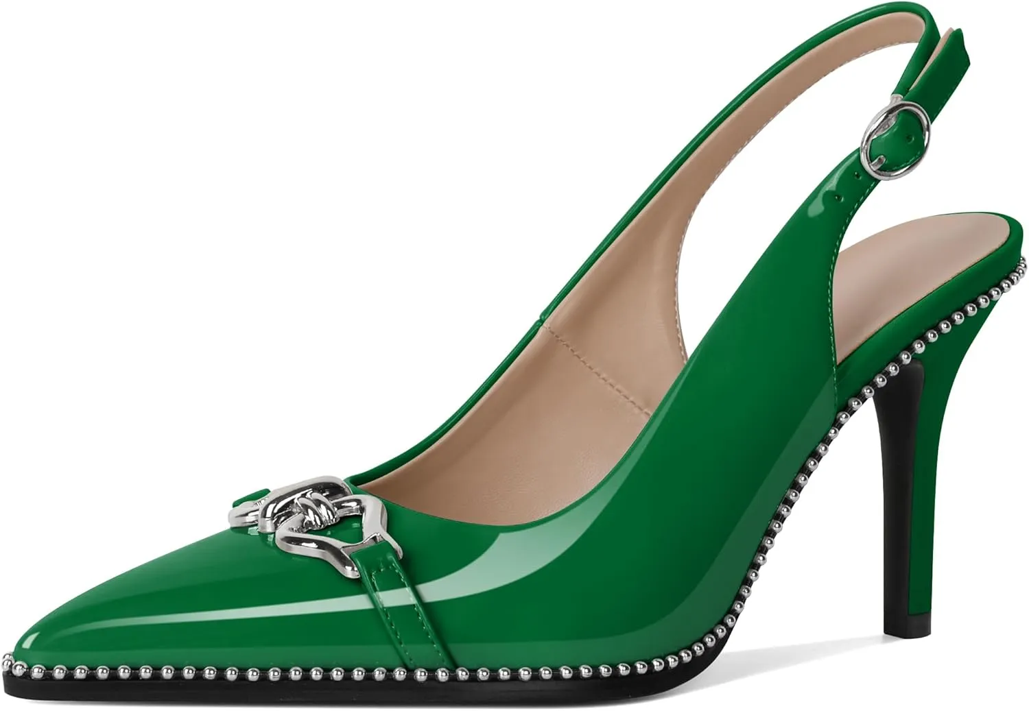 Women Slingback Pumps Pointed Toe Stiletto High Heels Beaded Heels 3.4 Inches Dress Pumps Shoes