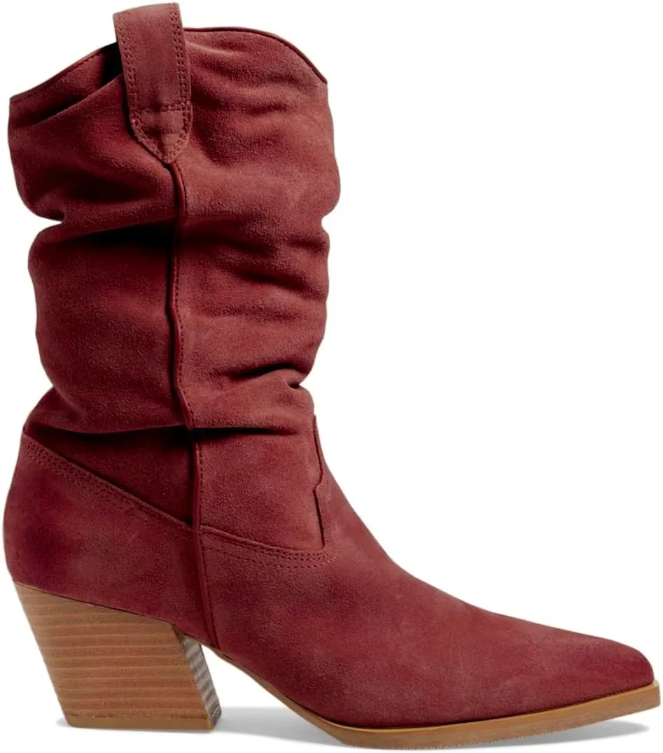 Women Slouch Western Boots Chunky Heel Pointed Toe Mid Calf Cowboy Boots Pleated 3 inch Stacked Block Heel Cowgirl Boots Calf High Boots Pull On Retro Casual Comfort 4-11 M US