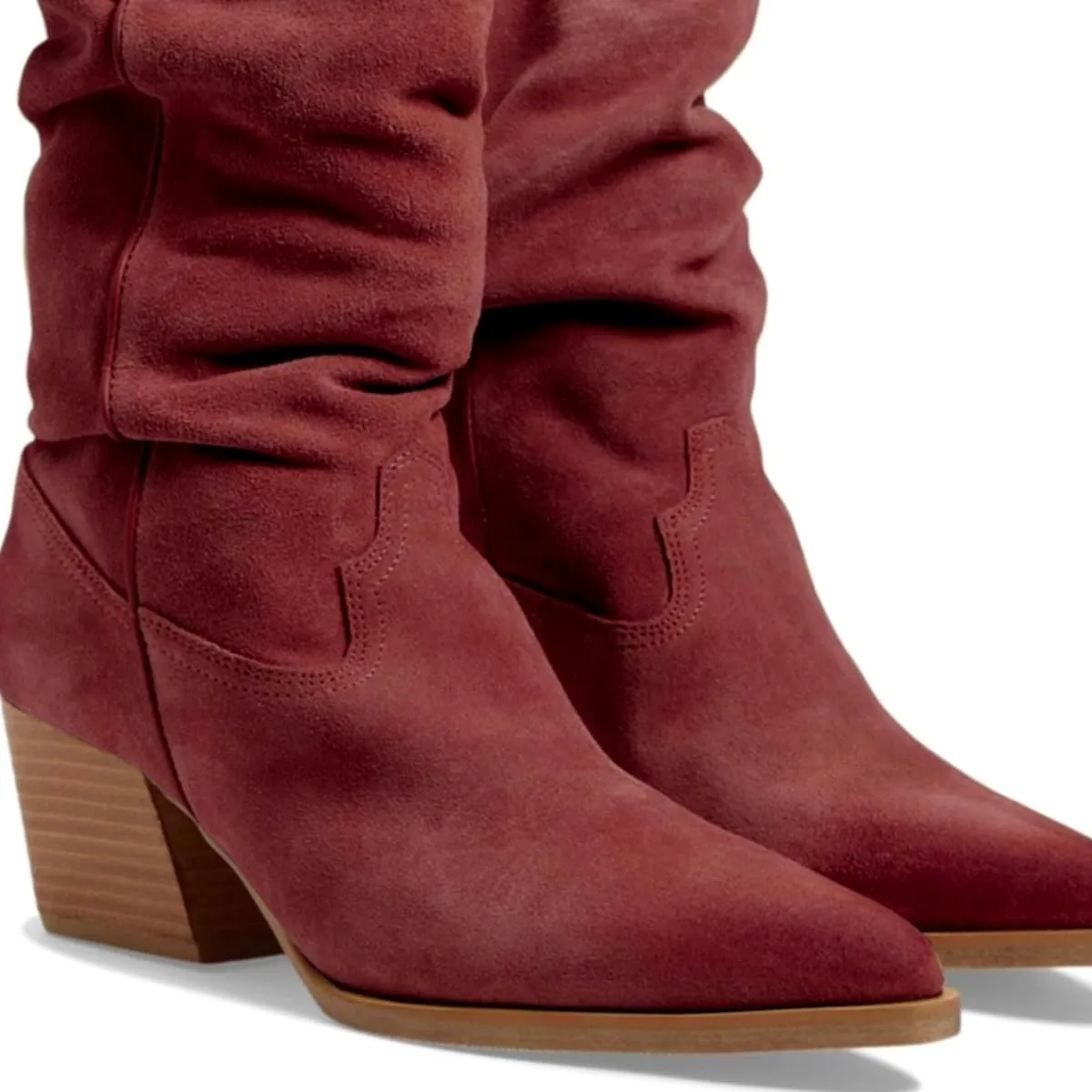 Women Slouch Western Boots Chunky Heel Pointed Toe Mid Calf Cowboy Boots Pleated 3 inch Stacked Block Heel Cowgirl Boots Calf High Boots Pull On Retro Casual Comfort 4-11 M US