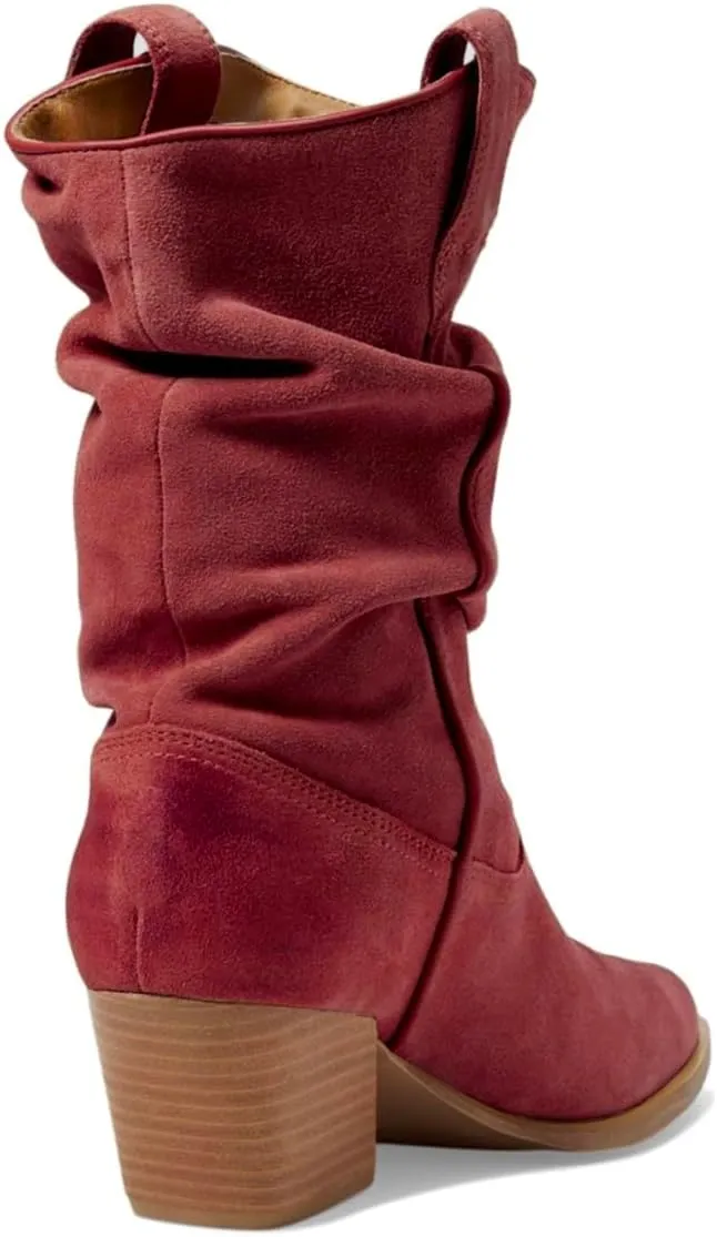 Women Slouch Western Boots Chunky Heel Pointed Toe Mid Calf Cowboy Boots Pleated 3 inch Stacked Block Heel Cowgirl Boots Calf High Boots Pull On Retro Casual Comfort 4-11 M US