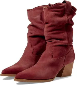 Women Slouch Western Boots Chunky Heel Pointed Toe Mid Calf Cowboy Boots Pleated 3 inch Stacked Block Heel Cowgirl Boots Calf High Boots Pull On Retro Casual Comfort 4-11 M US