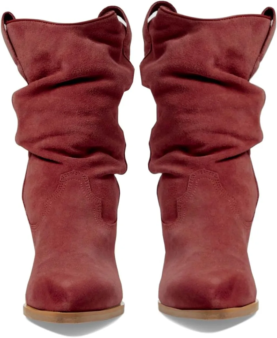 Women Slouch Western Boots Chunky Heel Pointed Toe Mid Calf Cowboy Boots Pleated 3 inch Stacked Block Heel Cowgirl Boots Calf High Boots Pull On Retro Casual Comfort 4-11 M US