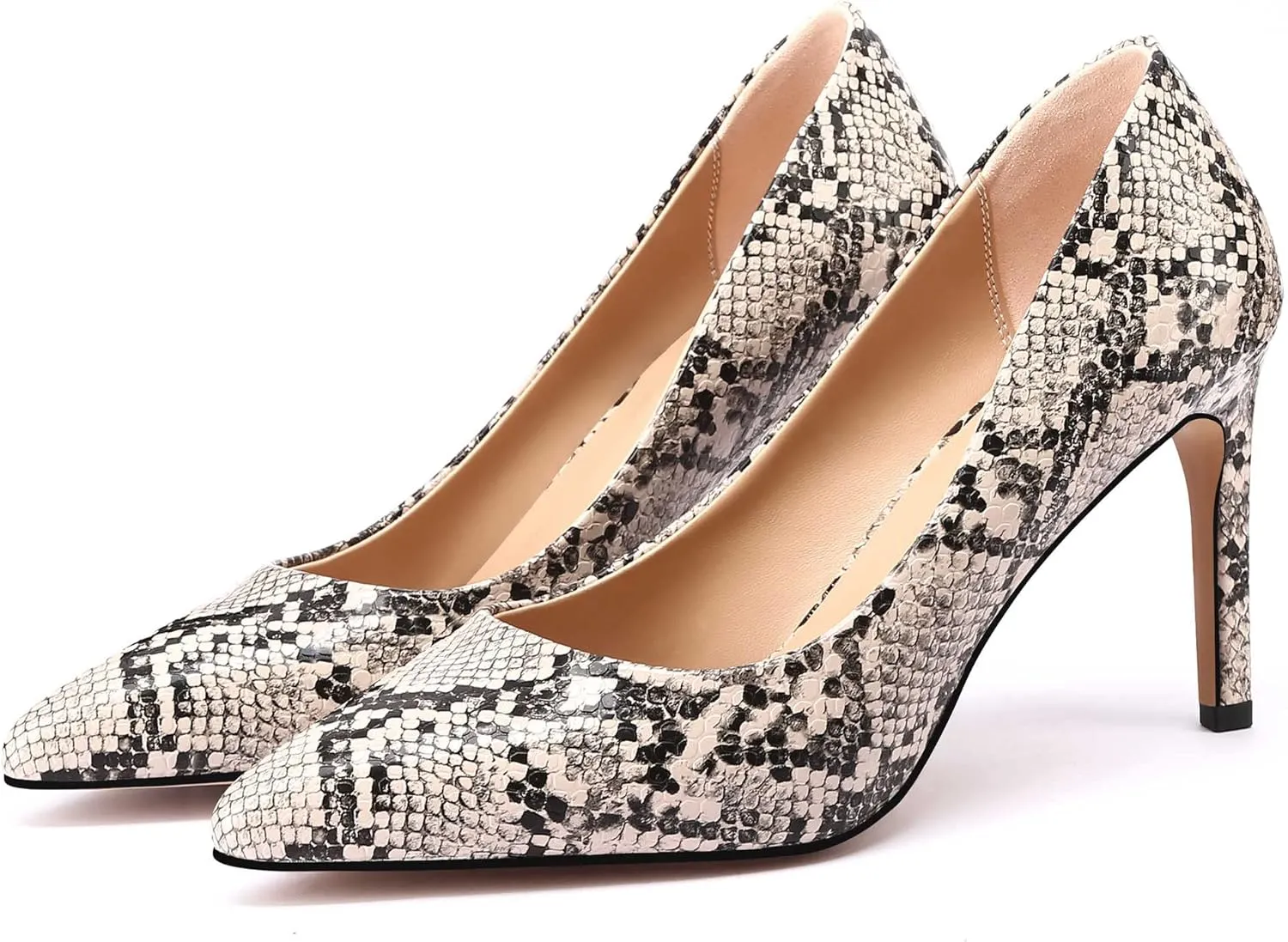 Women Snakeskin Heels, Animal Pirnt Slip On Pointed Toe Pumps, Closed Toe High Stiletto Heel Dress Shoes for Wedding Party Office