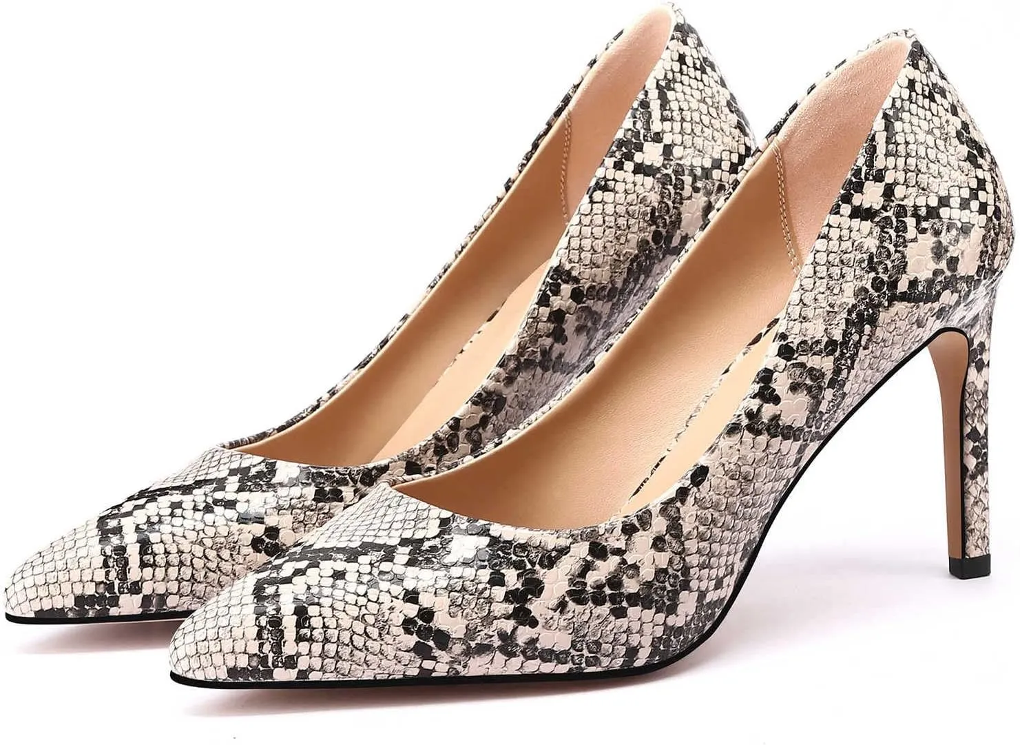 Women Snakeskin Heels, Animal Pirnt Slip On Pointed Toe Pumps, Closed Toe High Stiletto Heel Dress Shoes for Wedding Party Office