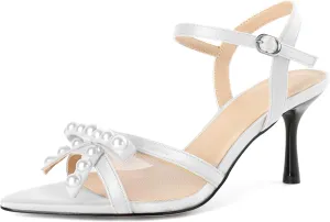 Women Stiletto Heel Sandals Strappy Heels Open Toe Sandals Slingback Heel Sandals Comfort Dressy Pearl Heels Evening Party 3.5 Inch