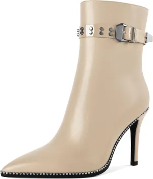 Women Stiletto High Heel Beaded Ankle Boots Pointed Toe Side Zipper Buckle Matte Leather Dress Booties 3.5 Inch