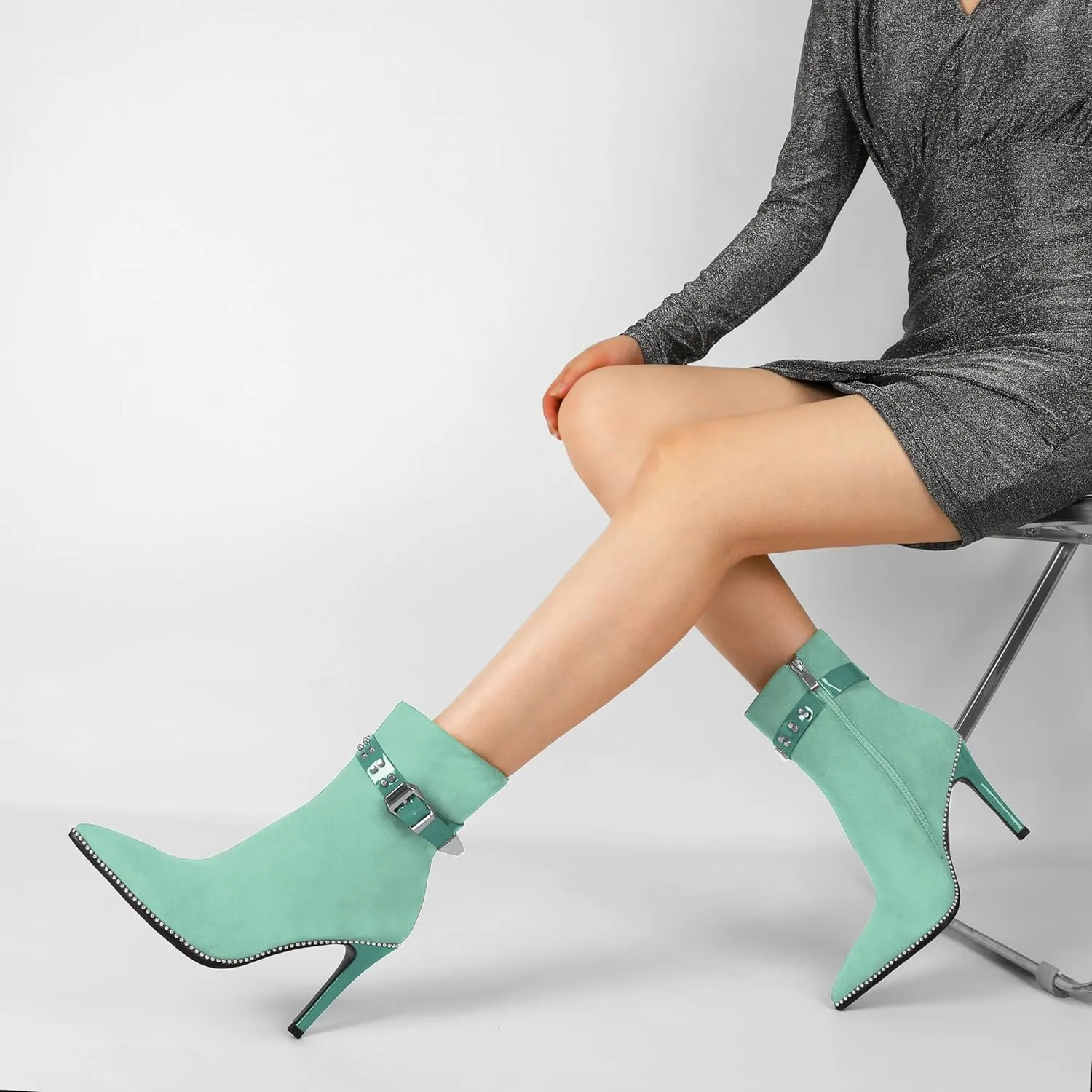 Women Stiletto High Heel Beaded Ankle Boots Pointed Toe Side Zipper Buckle Matte Leather Dress Booties 3.5 Inch