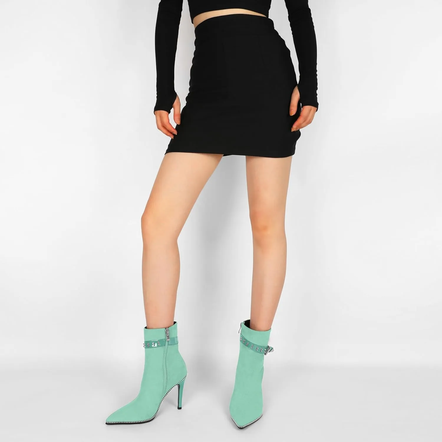 Women Stiletto High Heel Beaded Ankle Boots Pointed Toe Side Zipper Buckle Matte Leather Dress Booties 3.5 Inch
