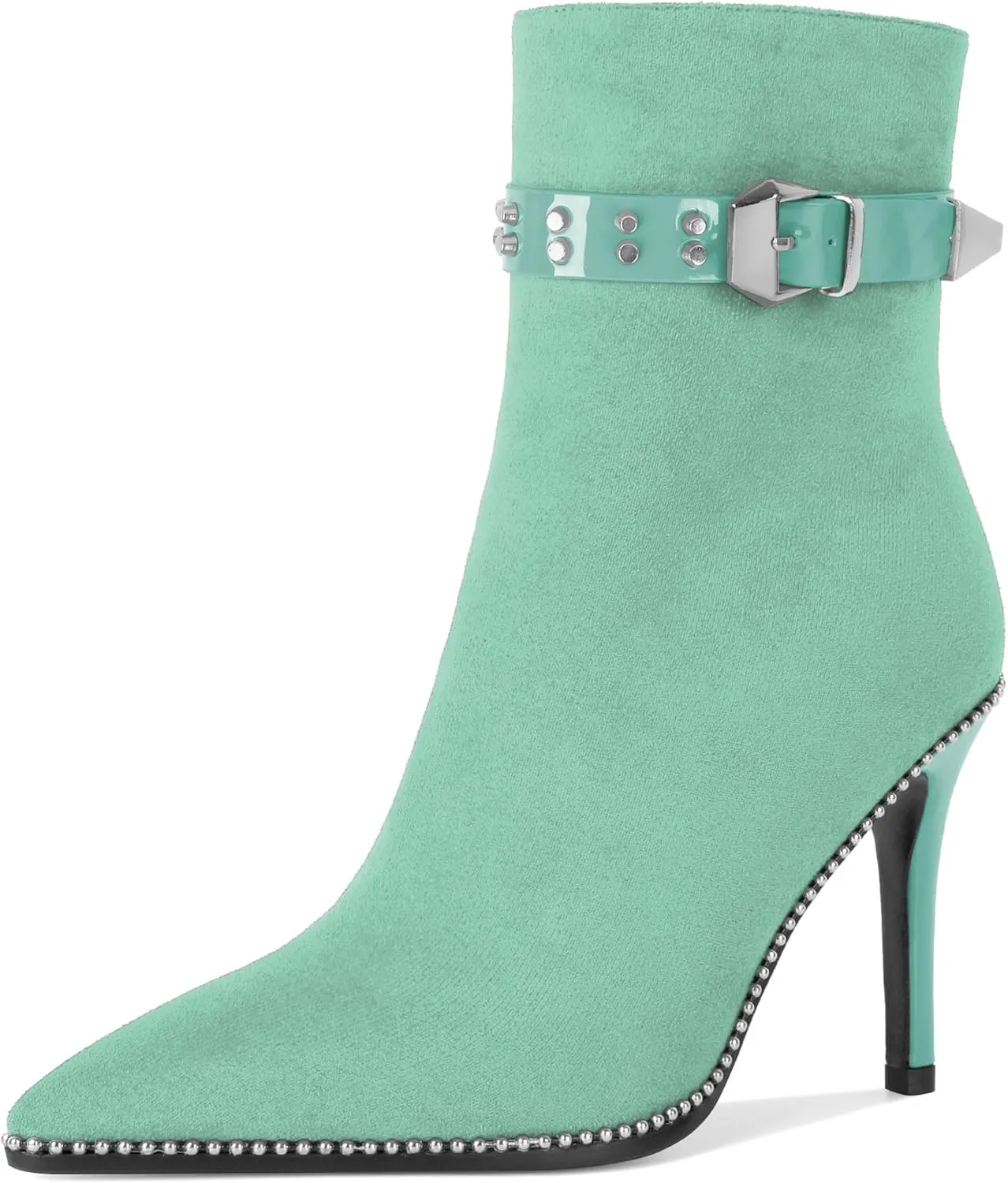 Women Stiletto High Heel Beaded Ankle Boots Pointed Toe Side Zipper Buckle Matte Leather Dress Booties 3.5 Inch