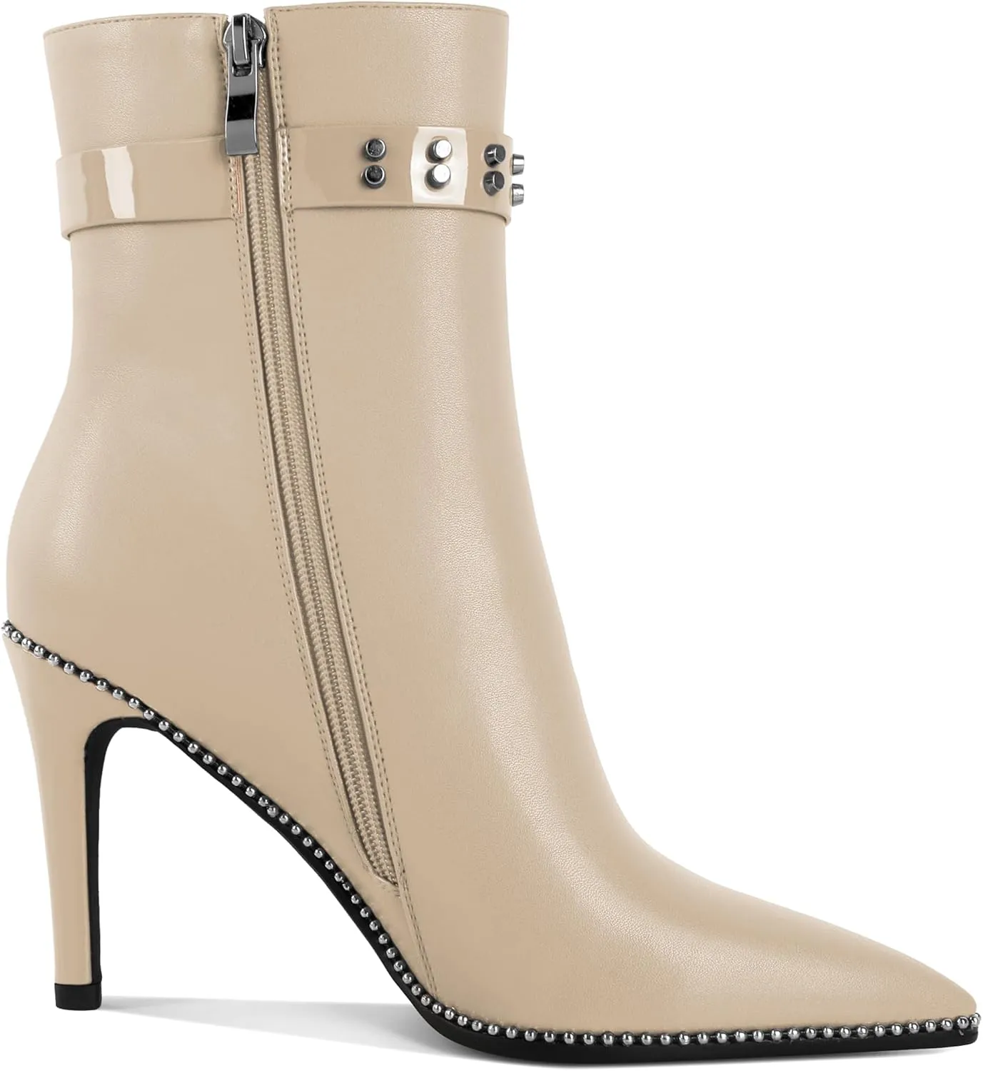 Women Stiletto High Heel Beaded Ankle Boots Pointed Toe Side Zipper Buckle Matte Leather Dress Booties 3.5 Inch