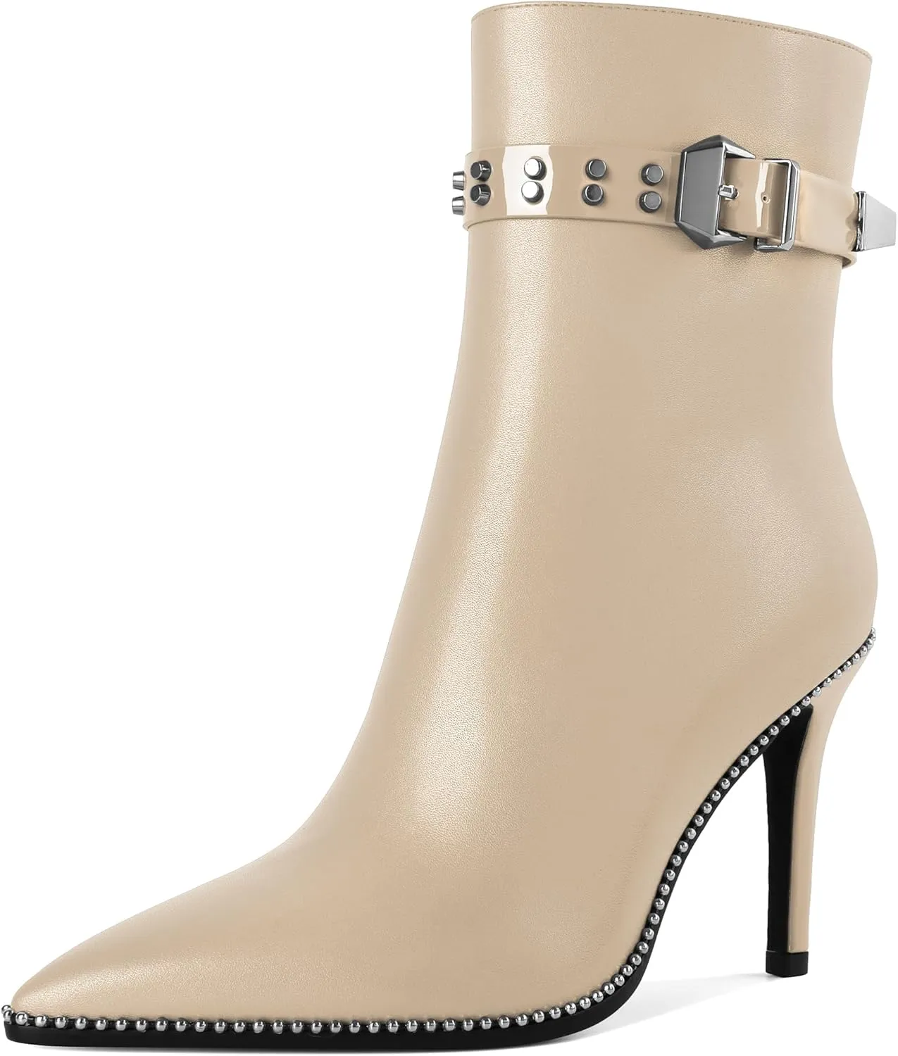 Women Stiletto High Heel Beaded Ankle Boots Pointed Toe Side Zipper Buckle Matte Leather Dress Booties 3.5 Inch