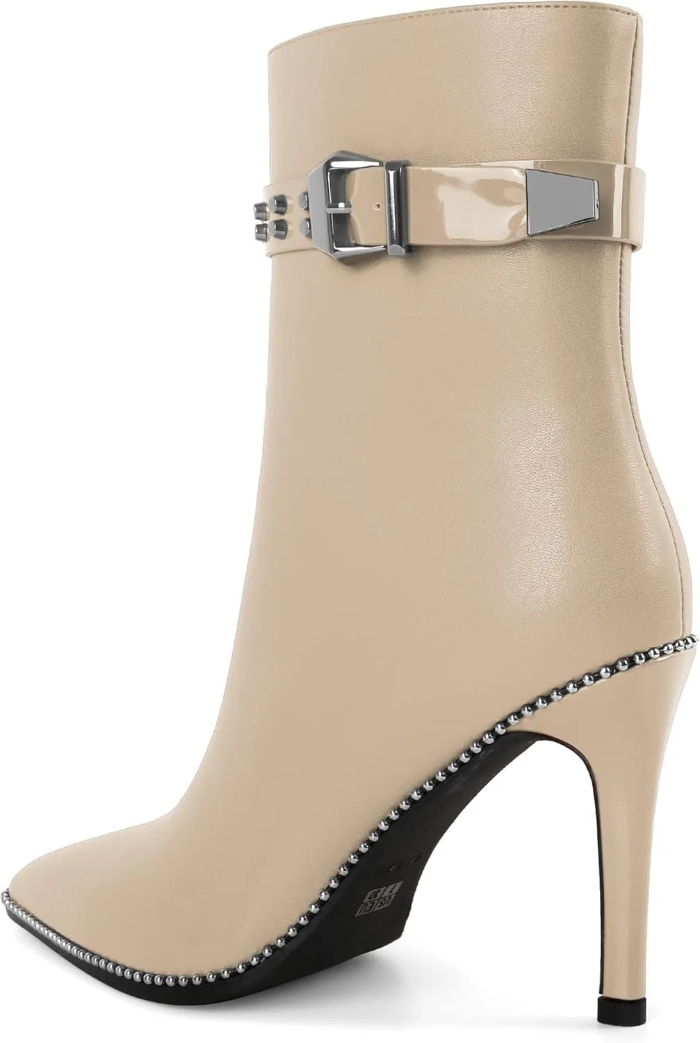 Women Stiletto High Heel Beaded Ankle Boots Pointed Toe Side Zipper Buckle Matte Leather Dress Booties 3.5 Inch