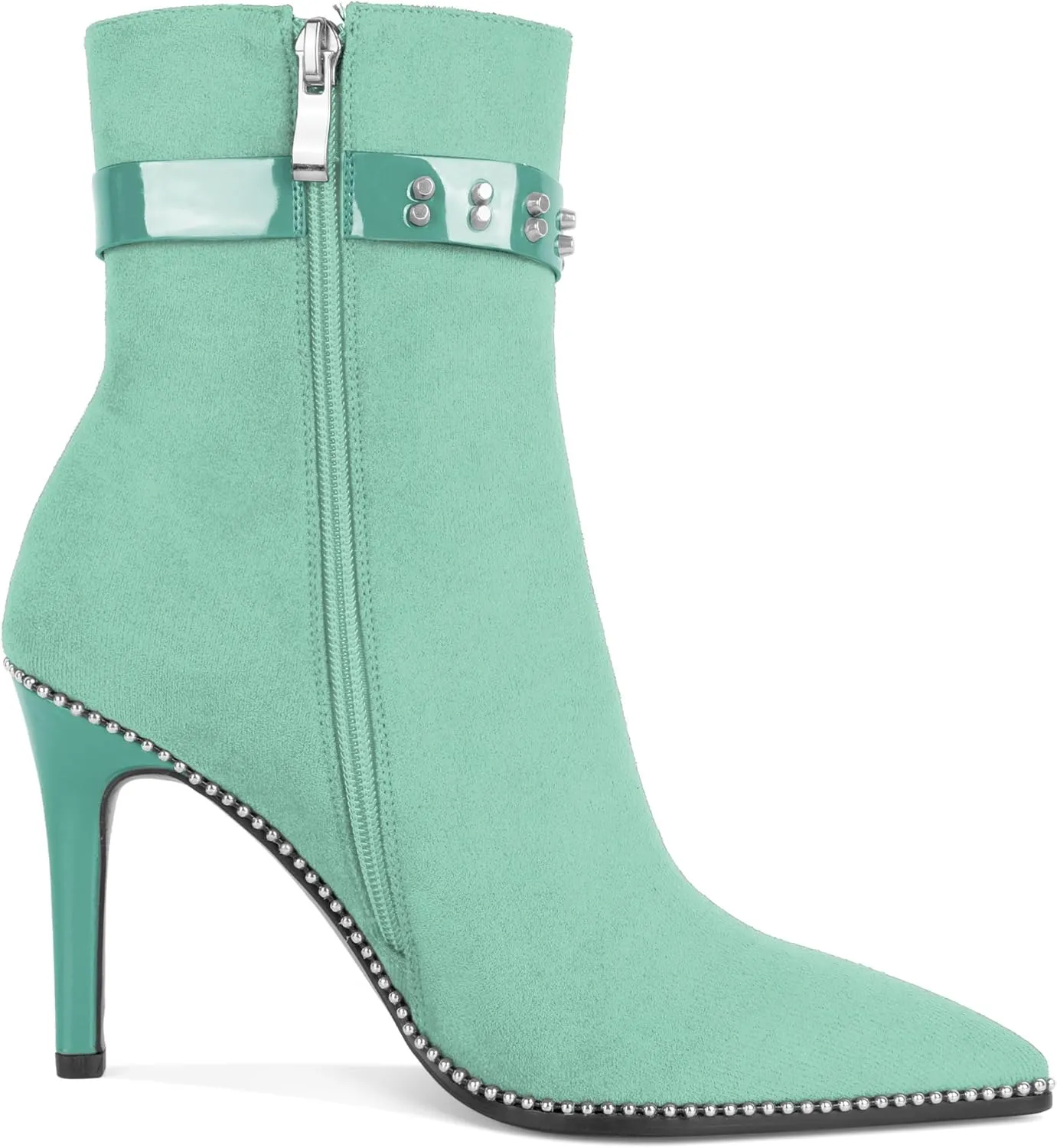 Women Stiletto High Heel Beaded Ankle Boots Pointed Toe Side Zipper Buckle Matte Leather Dress Booties 3.5 Inch