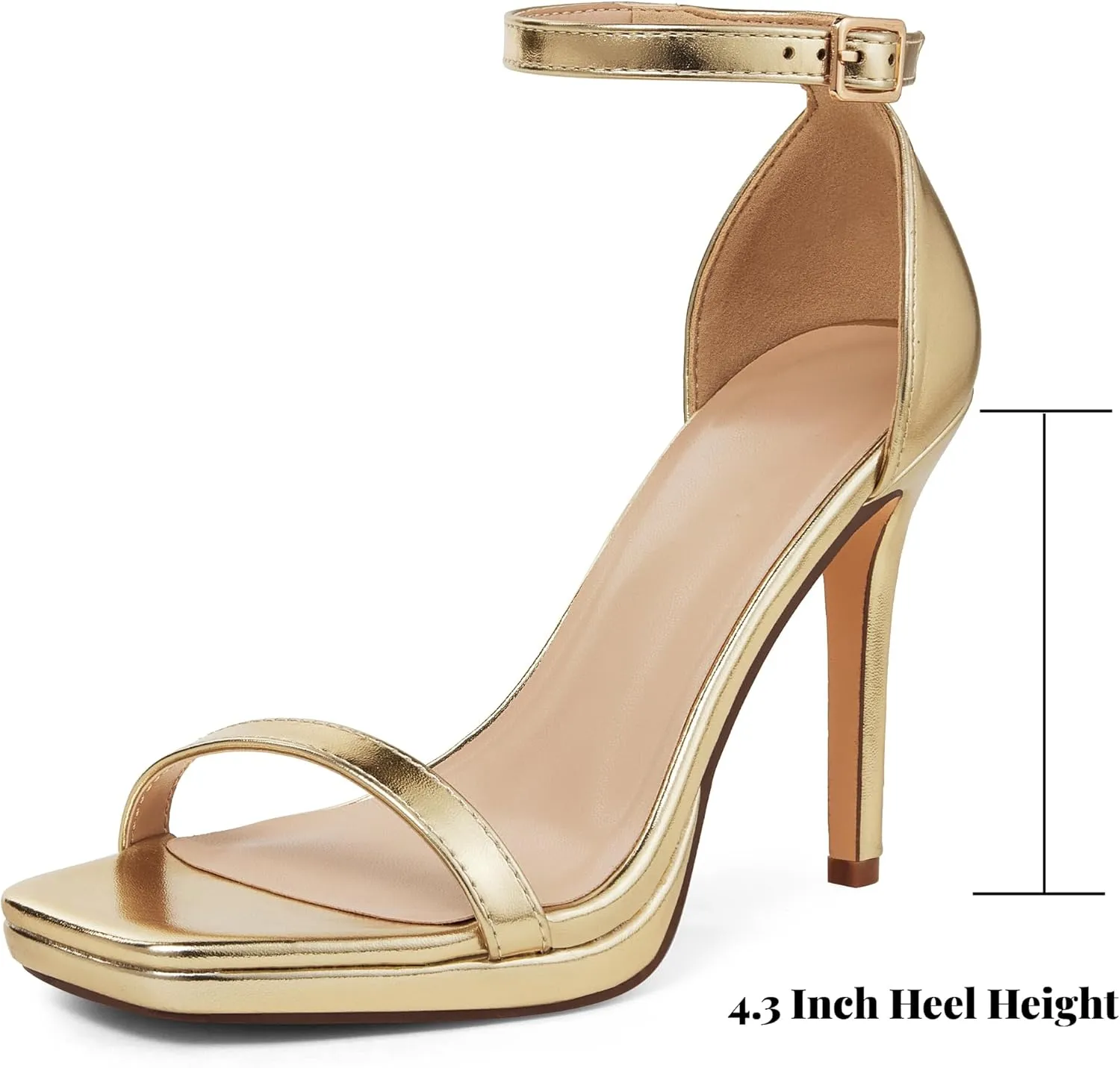 Women Strappy High Heeled Sandals,4.3-Inch Stiletto Open Square Toe Heels with Ankle Strap at Wedding Bride Prom Date Work Church Dressy