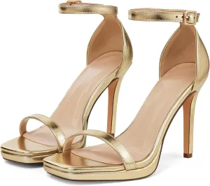 Women Strappy High Heeled Sandals,4.3-Inch Stiletto Open Square Toe Heels with Ankle Strap at Wedding Bride Prom Date Work Church Dressy