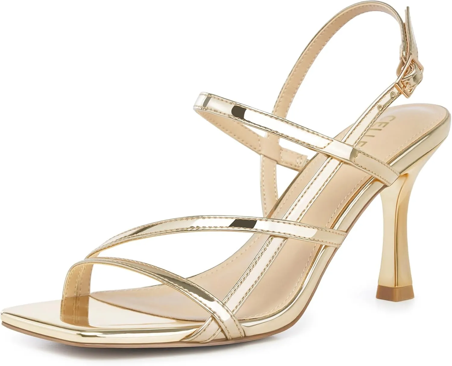 Women Strappy High Heels: Square Open Toe Slingback Sandals, Dressy Sexy Comfortable Kitten Heeled, Prom Party Wedding Black White Gold Nude