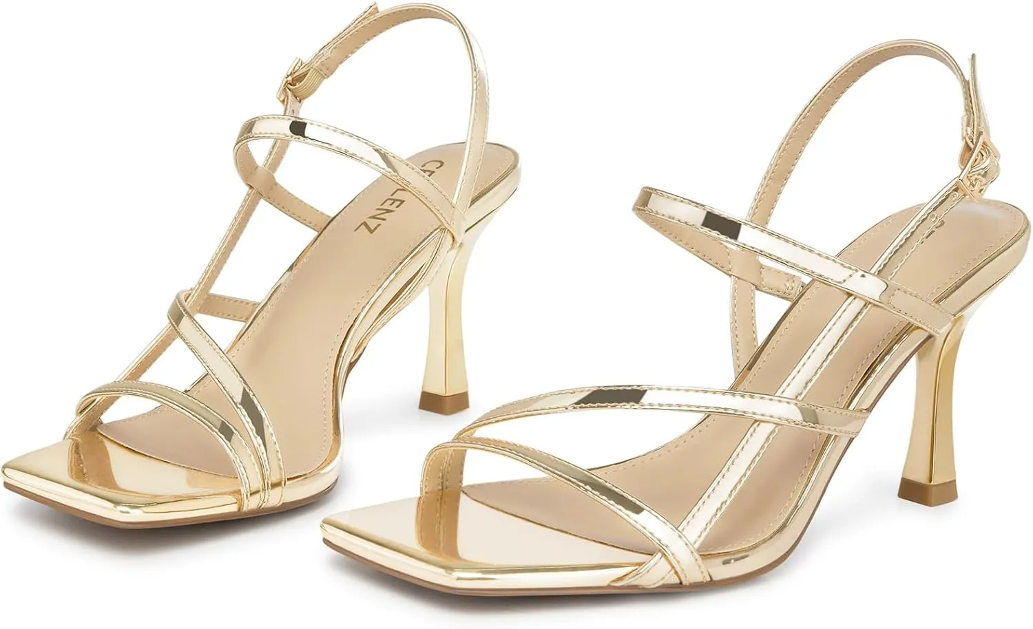 Women Strappy High Heels: Square Open Toe Slingback Sandals, Dressy Sexy Comfortable Kitten Heeled, Prom Party Wedding Black White Gold Nude