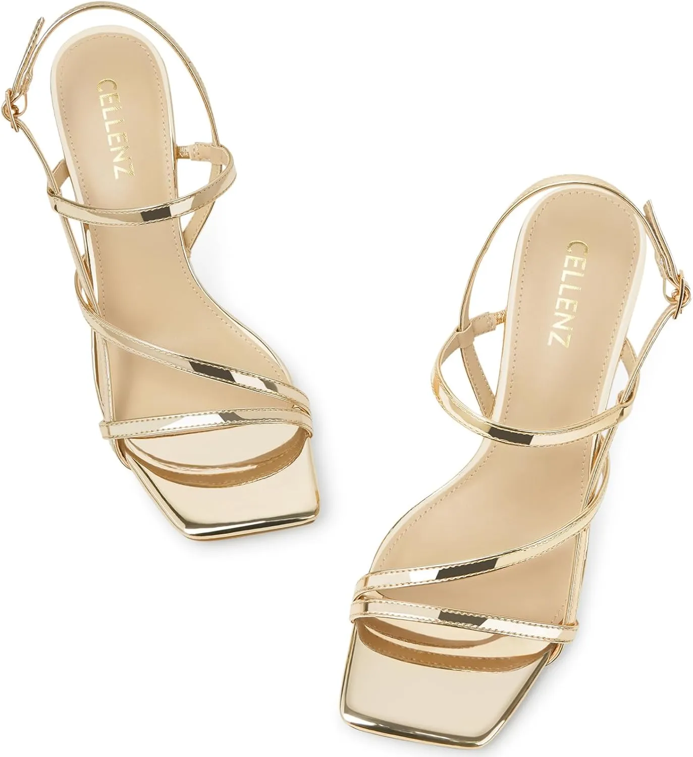Women Strappy High Heels: Square Open Toe Slingback Sandals, Dressy Sexy Comfortable Kitten Heeled, Prom Party Wedding Black White Gold Nude