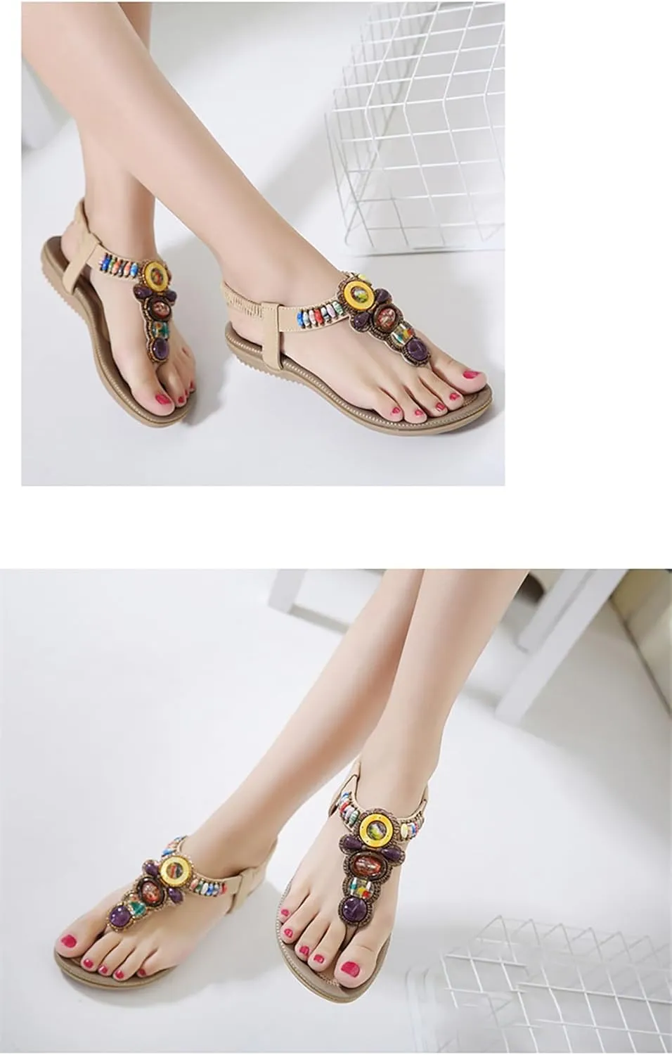 Women T-Strap Beaded Flower Gladiator Flat Dress Sandals Beach Shoes Bohemian Thong Sandal Elastic