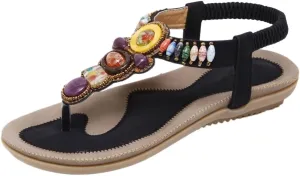 Women T-Strap Beaded Flower Gladiator Flat Dress Sandals Beach Shoes Bohemian Thong Sandal Elastic