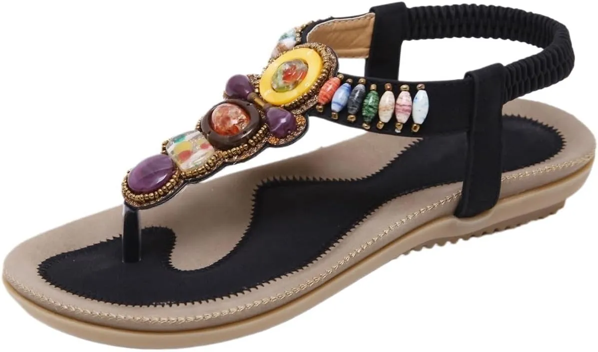 Women T-Strap Beaded Flower Gladiator Flat Dress Sandals Beach Shoes Bohemian Thong Sandal Elastic