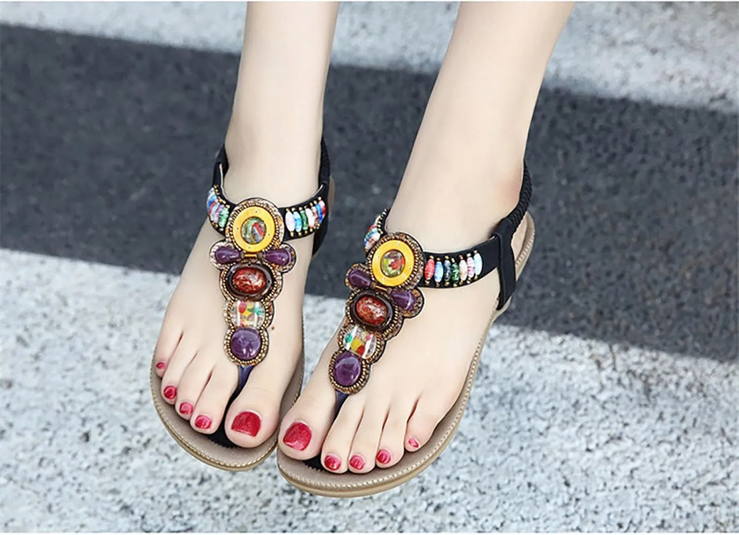 Women T-Strap Beaded Flower Gladiator Flat Dress Sandals Beach Shoes Bohemian Thong Sandal Elastic