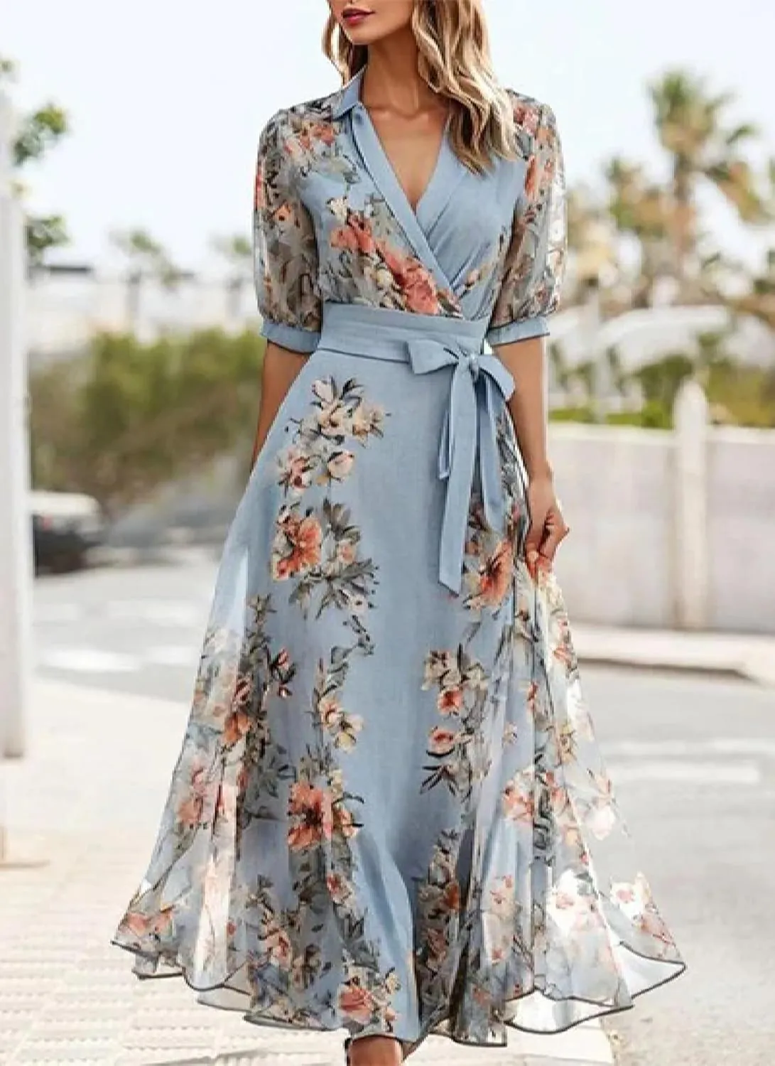 Women's 2025 Fresh Floral Print Chic Dress V Neck Half Sleeve Belted Waist Chic Elegant Flowy A Line Wedding Guest Dress