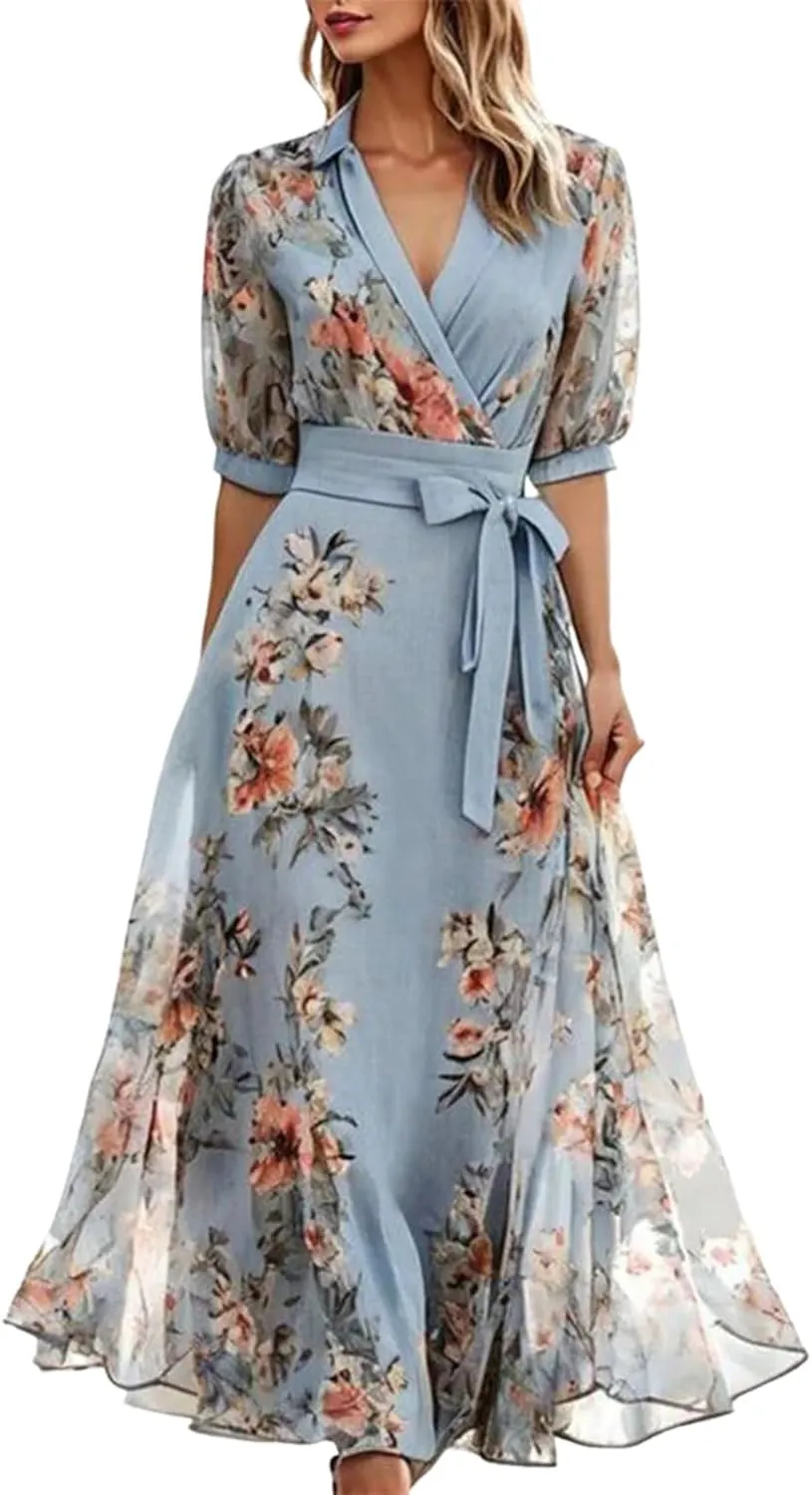 Women's 2025 Fresh Floral Print Chic Dress V Neck Half Sleeve Belted Waist Chic Elegant Flowy A Line Wedding Guest Dress