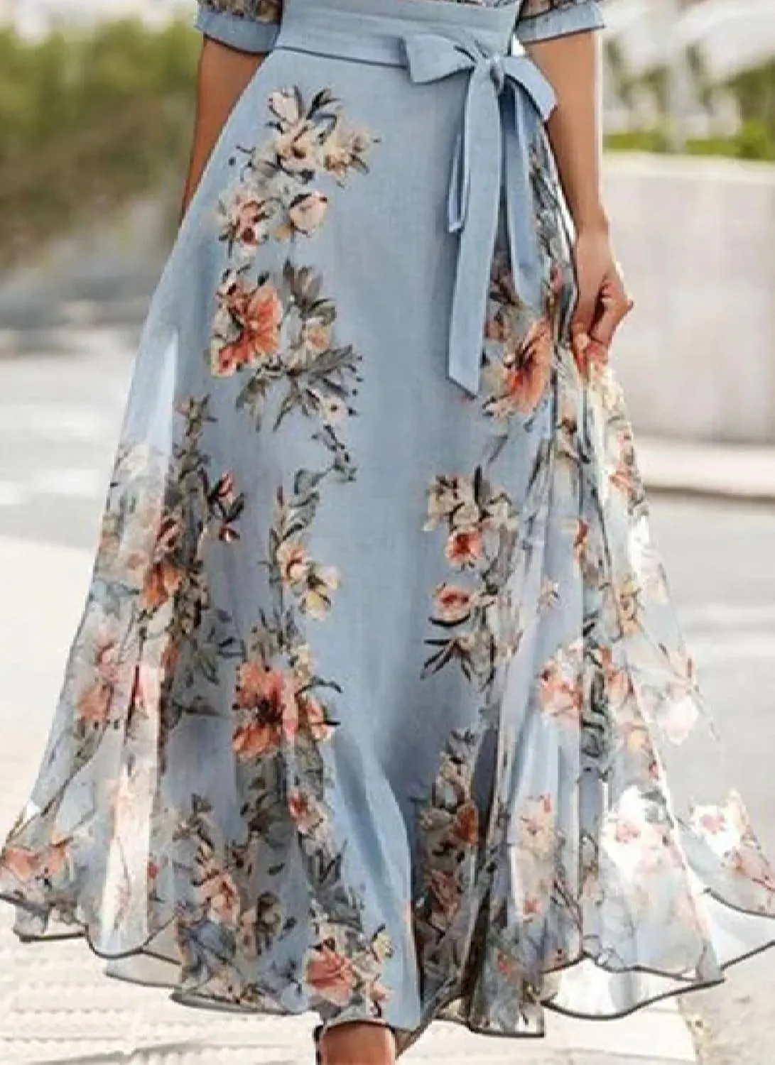 Women's 2025 Fresh Floral Print Chic Dress V Neck Half Sleeve Belted Waist Chic Elegant Flowy A Line Wedding Guest Dress