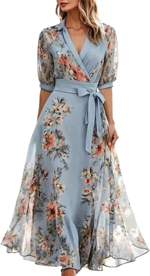 Women's 2025 Fresh Floral Print Chic Dress V Neck Half Sleeve Belted Waist Chic Elegant Flowy A Line Wedding Guest Dress