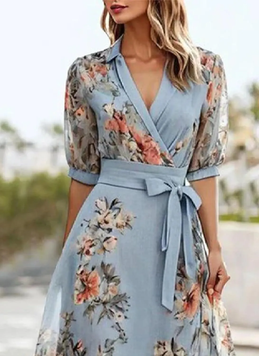 Women's 2025 Fresh Floral Print Chic Dress V Neck Half Sleeve Belted Waist Chic Elegant Flowy A Line Wedding Guest Dress