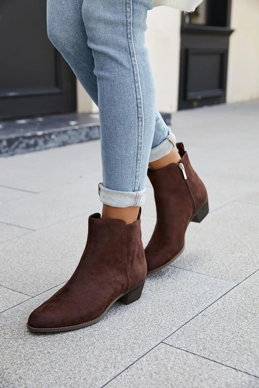 Women's Ankle Boots Round Toe Suede Western Short Booties Low Mid Block Chunky Heel Side Zipper Chelsea Boots