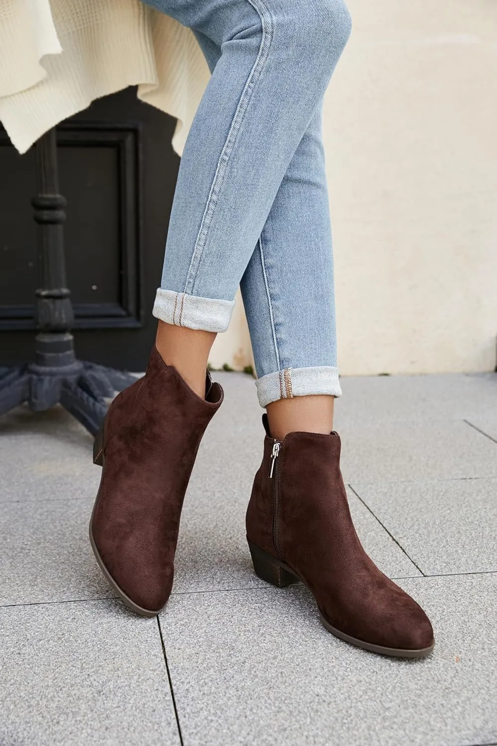 Women's Ankle Boots Round Toe Suede Western Short Booties Low Mid Block Chunky Heel Side Zipper Chelsea Boots