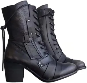 Women's Biker Faux Leather Lace Up Side-Zip High Chunky Heel Ankle Witchy Boots, Witch Boots, Witchy Boots