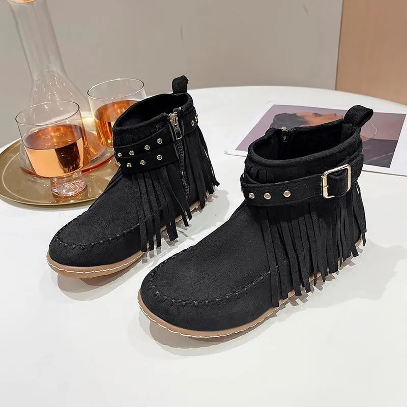 Women's Boots Casual Vintage Side Zipper Fringe Boots,Lightweight Comfy Suede High Top Round Toe Hippie Moccasin Short Booties