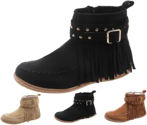 Women's Boots Casual Vintage Side Zipper Fringe Boots,Lightweight Comfy Suede High Top Round Toe Hippie Moccasin Short Booties