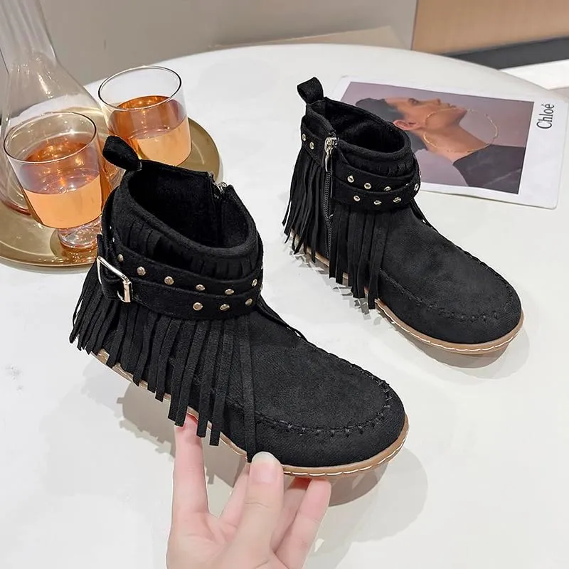 Women's Boots Casual Vintage Side Zipper Fringe Boots,Lightweight Comfy Suede High Top Round Toe Hippie Moccasin Short Booties