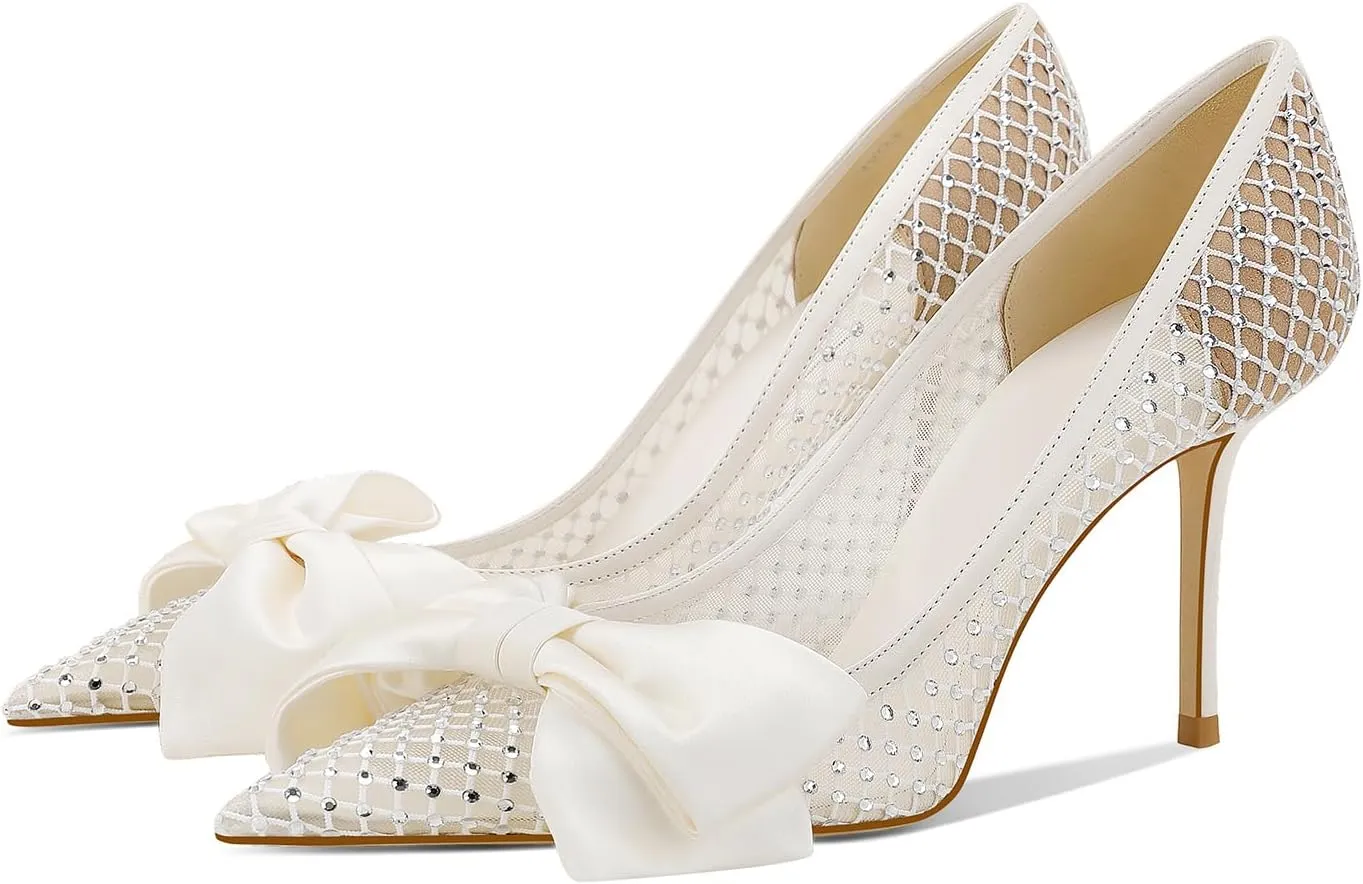 Women's Bow High Heels Pointed Toe Pumps Lace Mesh Stiletto Heels Dressy Wedding Party Pumps Bridal Shoes White(3.34 inch)