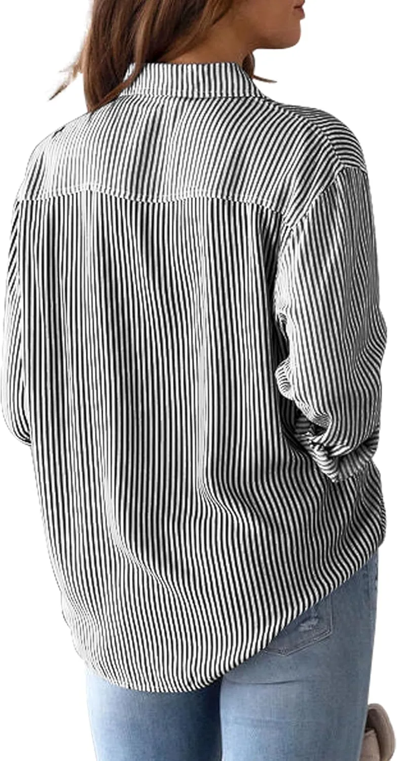 Womens Button Down Shirts Cotton Striped Dress Shirt Long Sleeve Collared Office Work Pinstripes Blouses Tops