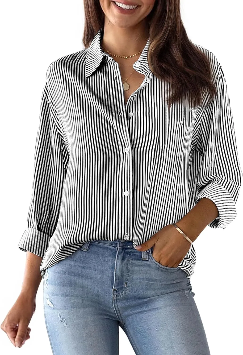 Womens Button Down Shirts Cotton Striped Dress Shirt Long Sleeve Collared Office Work Pinstripes Blouses Tops