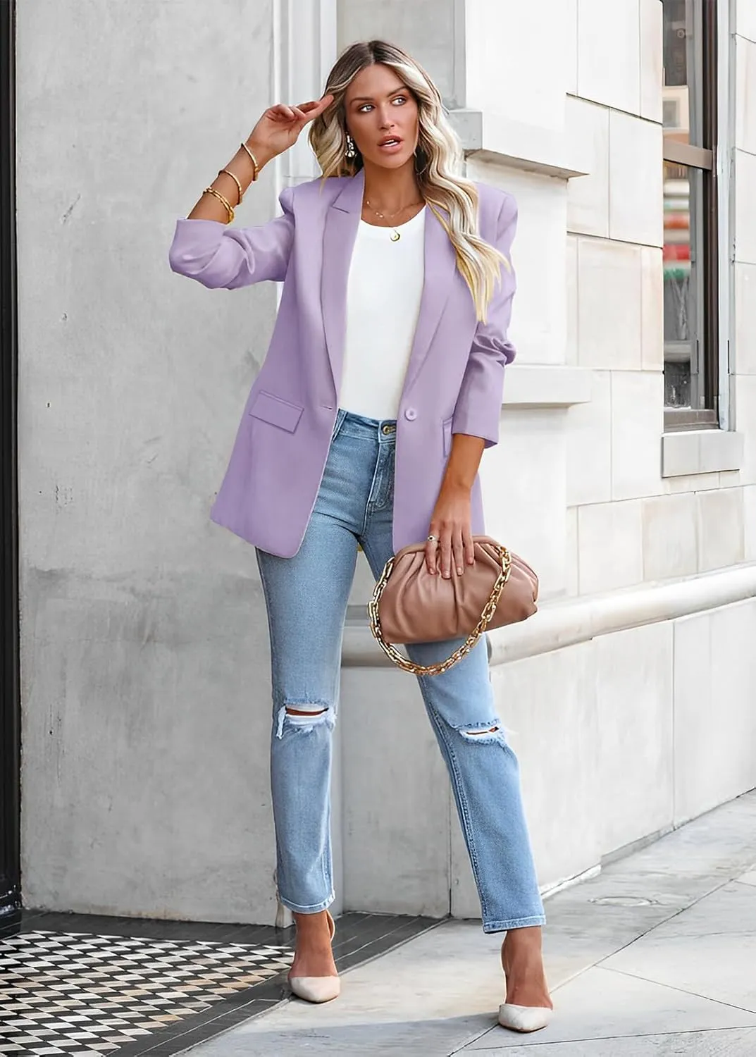 Womens Casual Loose Blazers Long Sleeve Pockets Work Office Jacket Blazer