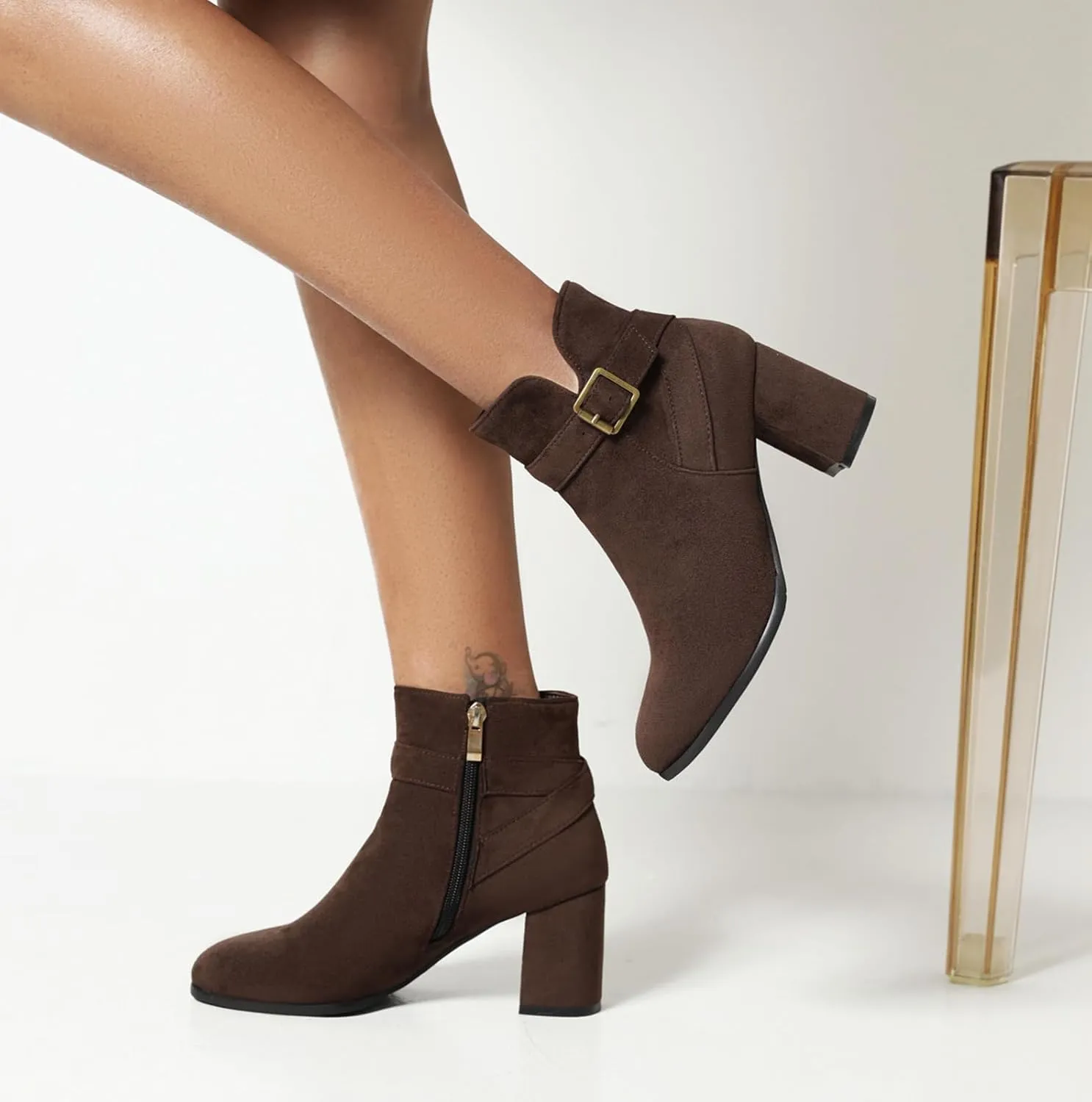 Women's Chunky Block Heel Ankle Boots Faux-Suede Chunky High Heel Round Toe Side Zip Fashion Casual Booties
