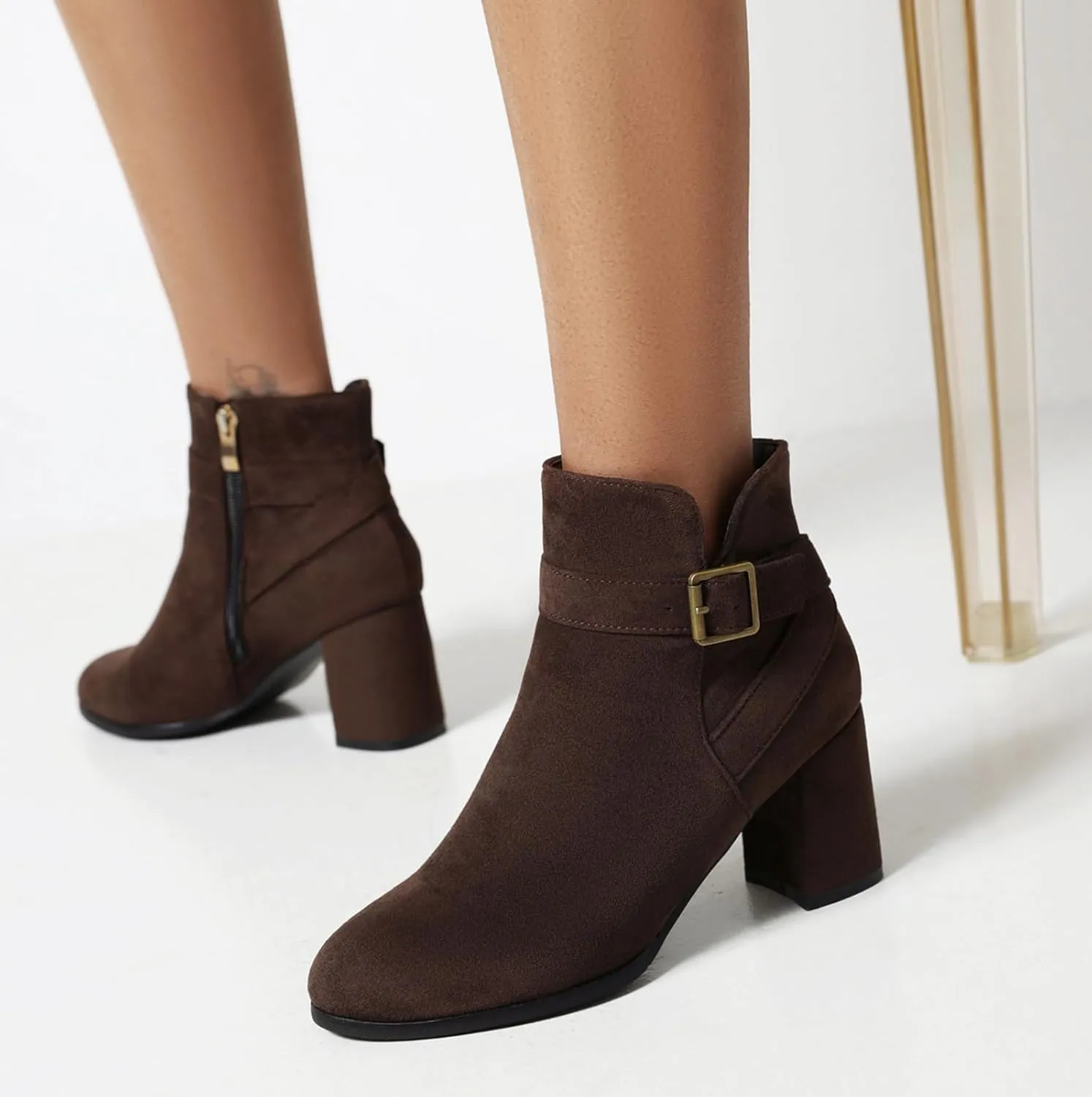 Women's Chunky Block Heel Ankle Boots Faux-Suede Chunky High Heel Round Toe Side Zip Fashion Casual Booties